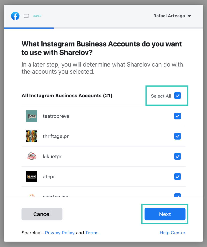 5. Click “Select All” next to “Instagram Business Accounts,” then click “Next.” 